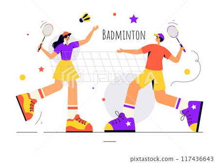 Vector Illustration of a Badminton Player with a Shuttle and Racket on the Court, Competing in the Sport as a Leisure Activity with a Flat Background 117436643