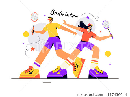 Vector Illustration of a Badminton Player with a Shuttle and Racket on the Court, Competing in the Sport as a Leisure Activity with a Flat Background 117436644