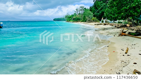 beautiful view of the tropical beach of Osi Island, West Seram, Maluku 117436650