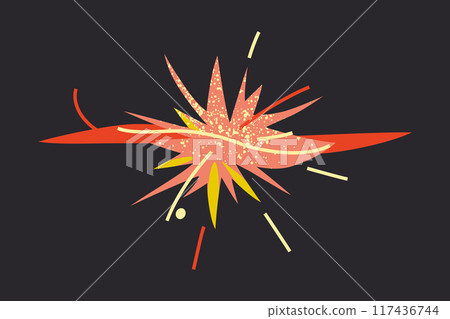 Vector illustration of a supernova explosion in flat cartoon style. A bright and dynamic cosmic event with fiery colors and debris,for astronomy and space-themed designs, Big Bang and cosmic phenomena 117436744