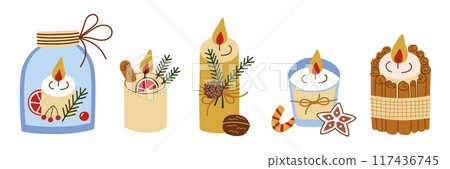 Festive Christmas candles vector illustrations set, decorated with natural pine, cinnamon, and orange. Perfect for holiday decor, greeting cards, and cozy winter designs. Cozy winter celebration Festive Christmas candles vector illustrations set, decorated with natural pine, cinnamon, and orange. Perfect for holiday decor, greeting cards, and cozy winter designs. Cozy winter celebration 117436745
