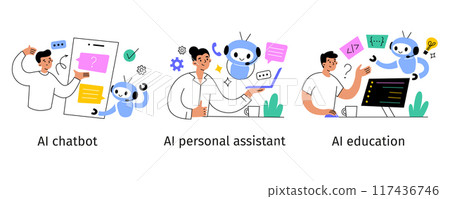 Set of vector illustrations with people using AI chatbot, personal assistant, and artificial intelligence education tools. Flat cartoon style, human interaction with robotics technology, innovations 117436746