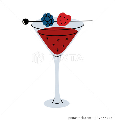 Vector illustration of witch heart cocktail in martini glass, sparkling red liquid garnished with blackberry and strawberry. Eerie and festive beverage for Halloween celebrations, spooky events Vector illustration of witch heart cocktail in martini glass, sparkling red liquid garnished with blackberry and strawberry. Eerie and festive beverage for Halloween celebrations, spooky events 117436747