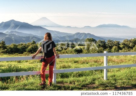 Mount Fuji and the Southern Alps as seen from Kiyosato Plateau 117436785