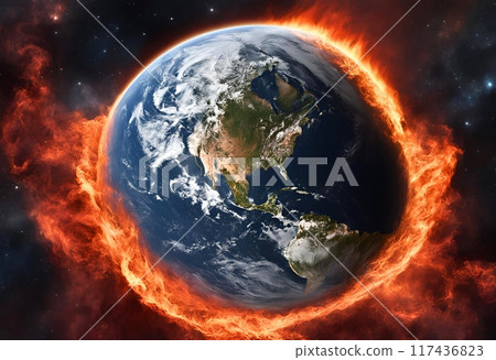 Global warming image: Earth on fire in space 117436823