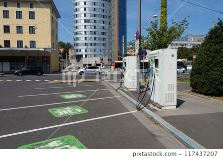 The electric vehicle charging station in Linz, Austria 117437207