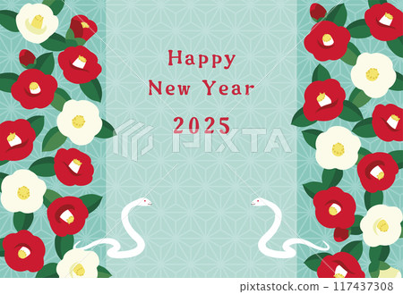 A stylish New Year's card template with camellias and snakes (greetings only) 117437308