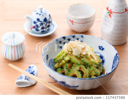 Fresh bitter melon boiled in soy sauce Fresh bitter melon boiled in soy sauce 117437390