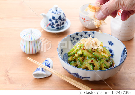 Fresh bitter melon boiled in soy sauce 117437393