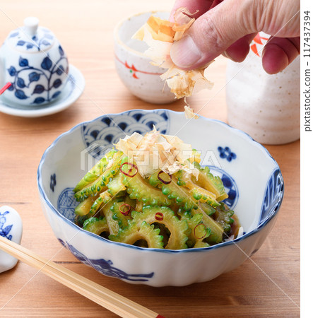 Fresh bitter melon boiled in soy sauce 117437394