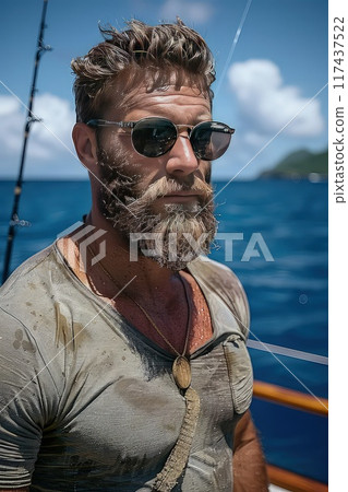 Bearded brutal yacht owner on vessel deck looking forward while deep sea tuna fishing. 117437522
