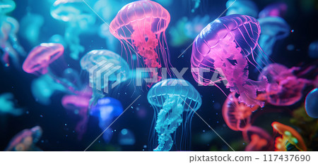 glowing sea jellyfishes on dark background, neural network generated image glowing sea jellyfishes on dark background, neural network generated image 117437690