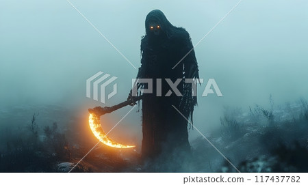 Eerie Reaper Wielding Glowing Scythe in Foggy Nighttime Landscape 117437782