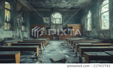 Abandoned Haunted School with Eerie Classrooms  Broken Desks  and Ghostly Atmosphere 117437783
