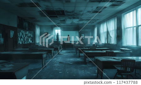 Eerie Haunted Classroom with Ghostly Presence and Ominous Lighting 117437788