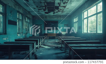 Eerie Haunted Classroom in Abandoned School with Ghostly Atmosphere 117437791