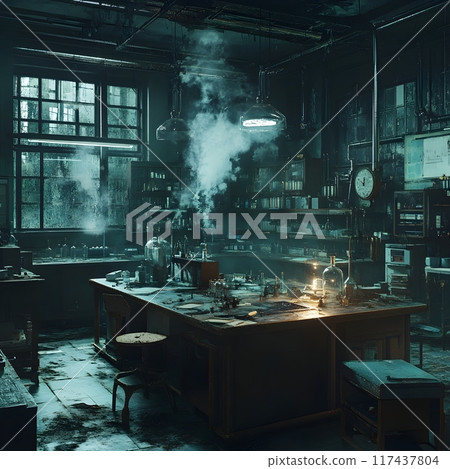 Eerie Haunted School Science Laboratory with Broken Equipment and Ghostly Atmosphere 117437804