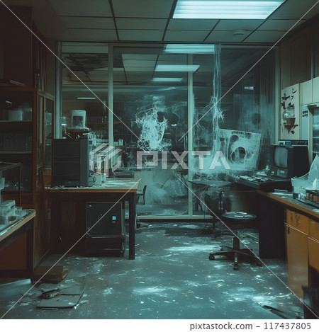 Eerie Haunted School Science Lab with Broken Equipment and Ghostly Figures 117437805