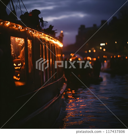 Eerie Boat Party on the River with Festive Costumed Guests and Enchanting Lights on a Halloween 117437806