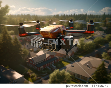 Delivery Drone Flying in a Modern City at Night AI Artwork 117438237