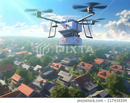 Delivery Drone Flying in a Modern City at Night AI Artwork 117438394