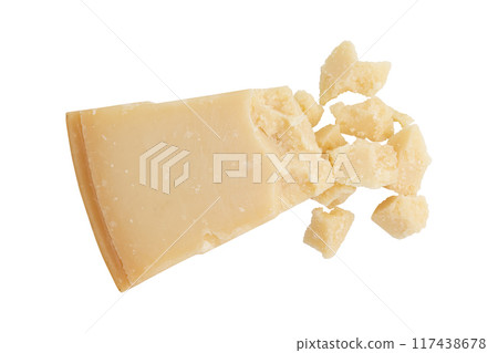 piece of parmesan cheese isolated on white 117438678