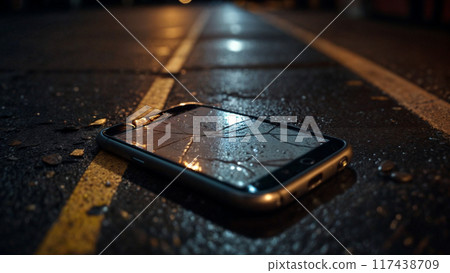 A smartphone lying on the sidewalk at night 117438709