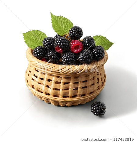 Blackberries rubus fruticosus deep black clusters and single spiraling above weathered wicker basket juice splashing 117438819