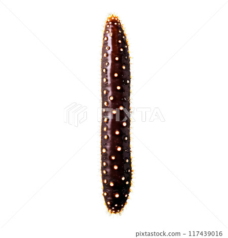 Raw sea cucumber elongated body dark brown color captured from above Food and culinary concept Raw sea cucumber elongated body dark brown color captured from above Food and culinary concept 117439016