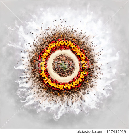 Jerk spices mandala an arrangement of allspice thyme and scotch bonnet peppers with powder dusting 117439019