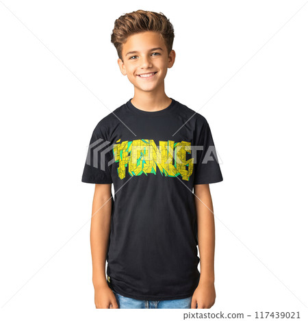 A teenage boy with a skateboard a smirk and a graphic t shirt featuring his 117439021