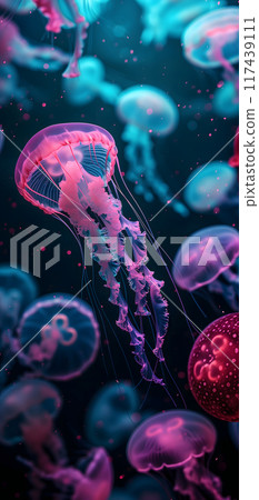 glowing sea jellyfishes on dark background, neural network generated image glowing sea jellyfishes on dark background, neural network generated image 117439111