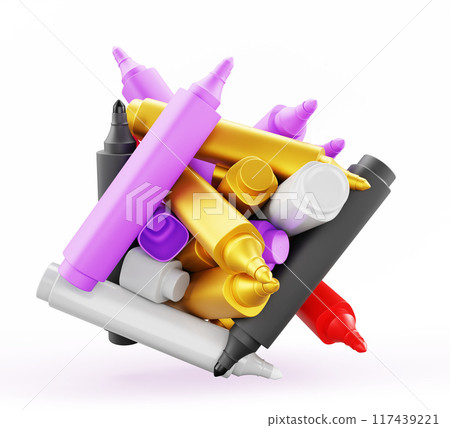 3d pile of color markers isolated on white background render. Heap colorful highlighters or felt tip pens, school or office stationery. Mess and chaos concept, isolated design element. 3D illustration 3d pile of color markers isolated on white background render. Heap colorful highlighters or felt tip pens, school or office stationery. Mess and chaos concept, isolated design element. 3D illustration 117439221
