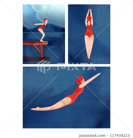 Swimmers, diving, scuba diving, summer holidays at water resorts. Sports, hobbies and recreation. Set of watercolor templates for cards. 117439223