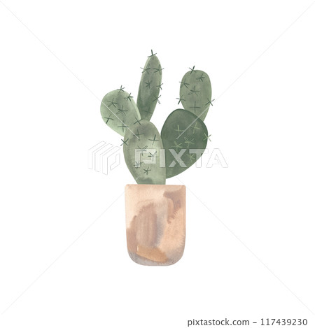 Cactus in a light concrete pot. Plants for the home. Floriculture. Interior decoration. Isolated watercolor illustration on white background. Clipart. Cactus in a light concrete pot. Plants for the home. Floriculture. Interior decoration. Isolated watercolor illustration on white background. Clipart. 117439230
