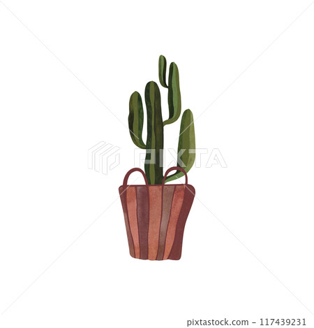 Cactus in a wicker basket. Plants for the home. Floriculture. Interior decoration. Isolated watercolor illustration on white background. Clipart. 117439231