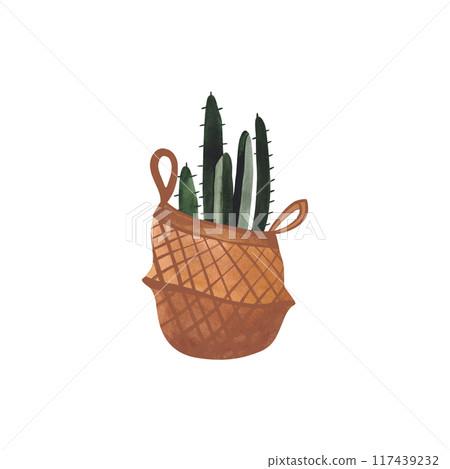 Cactus in a wicker basket. Plants for the home. Floriculture. Interior decoration. Isolated watercolor illustration on white background. Clipart. 117439232