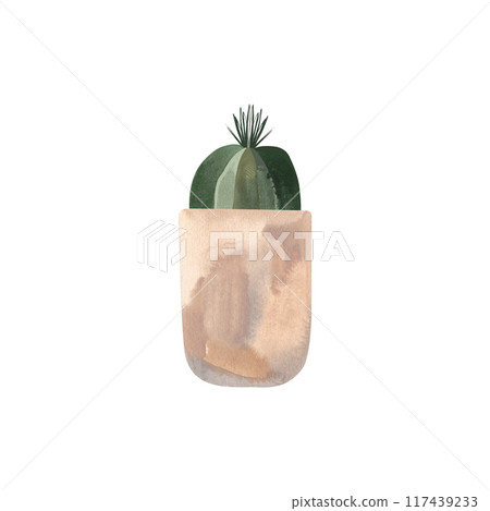 Cactus in a light concrete pot. Plants for the home. Floriculture. Interior decoration. Isolated watercolor illustration on white background. Clipart. 117439233