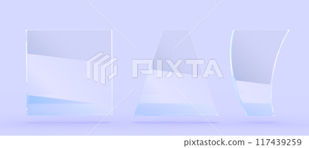 Glass transparent clear banner or plate 3d render icon set. Blank square, triangle and curve rectangle shape acrylic or plastic panel with light refraction isolated on blue background. 3D illustration Glass transparent clear banner or plate 3d render icon set. Blank square, triangle and curve rectangle shape acrylic or plastic panel with light refraction isolated on blue background. 3D illustration 117439259