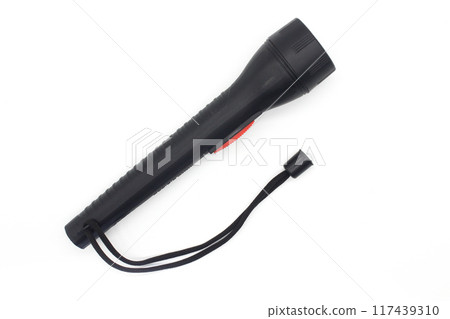 Black Electric LED torch flashlight isolated on a white background Black Electric LED torch flashlight isolated on a white background 117439310