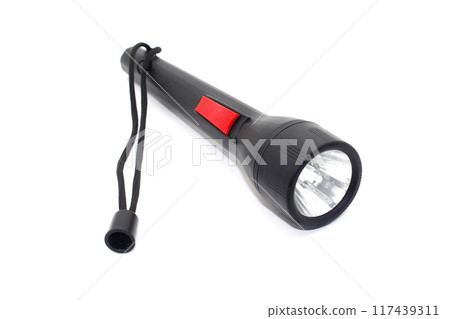 Black Electric LED torch flashlight isolated on a white background 117439311