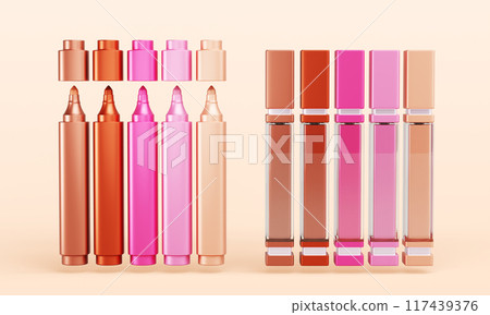 3d set of color lip stain tint and lip gloss tubes for makeup palette isolated render icon set. Cosmetic beauty products, liquid lipstick and lip marker in open and closed containers. 3D illustration 117439376
