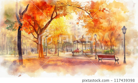 公園和涼亭染上秋天的色彩 | 優雅平靜的秋葉風景插畫 117439398