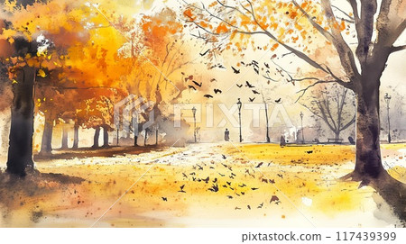 黃昏時的秋景 | 鳥兒翩翩起舞的安靜公園的插圖 117439399