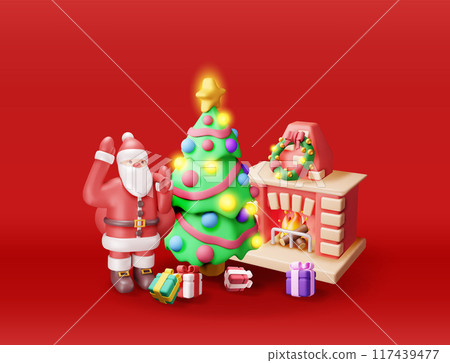 3D red brick new year fireplace and santa claus 117439477