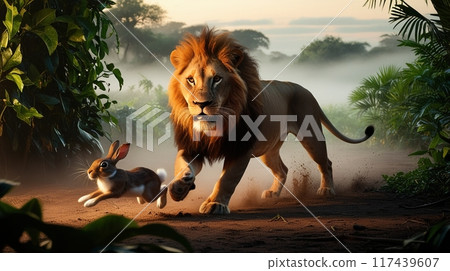 A frantic lion chasing a rabbit 117439607