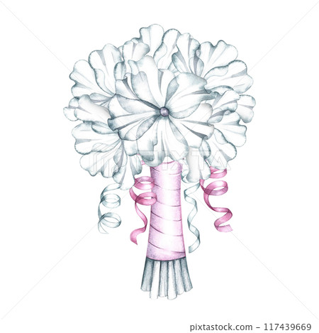A bouquet of white flowers with a pink ribbon is the bride's wedding bouquet. Handmade watercolor illustration. For greeting and invitation cards, banners, flyers and posters, packaging, labels. A bouquet of white flowers with a pink ribbon is the bride's wedding bouquet. Handmade watercolor illustration. For greeting and invitation cards, banners, flyers and posters, packaging, labels. 117439669