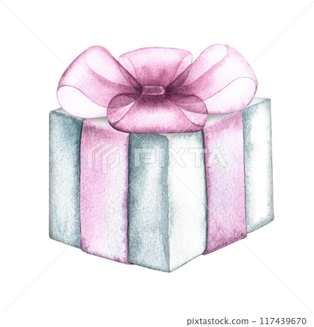 A white gift box with a pink ribbon without a bow. A watercolor illustration made by hand. Isolated. An element of the design of invitations and greeting cards. A white gift box with a pink ribbon without a bow. A watercolor illustration made by hand. Isolated. An element of the design of invitations and greeting cards. 117439670