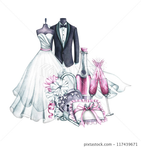 A wedding composition with the outfits of the bride and groom, wedding rings, padlock and champagne. Watercolor illustration of a hand-held robot. For the first time, I order flyers, banners, flyers. A wedding composition with the outfits of the bride and groom, wedding rings, padlock and champagne. Watercolor illustration of a hand-held robot. For the first time, I order flyers, banners, flyers. 117439671