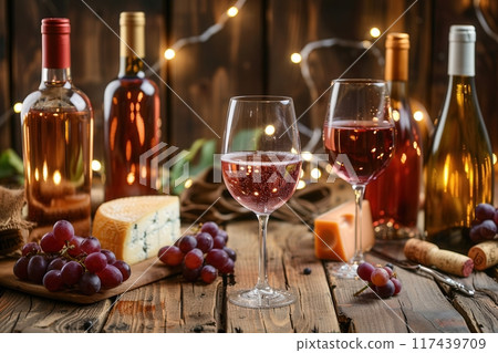 A wooden table with two glasses of rose wine, wine bottles, cheese, grapes, and string lights. 117439709